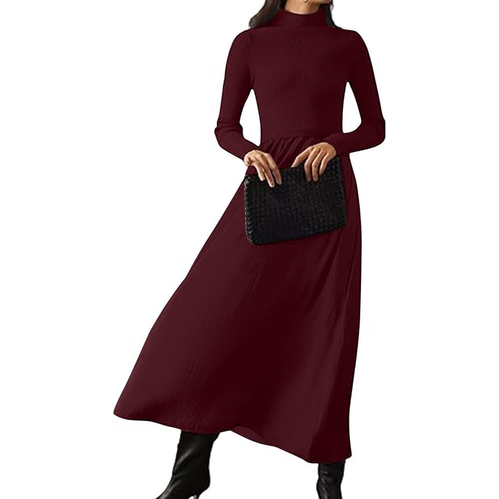 Women's Cotton Blend Long Sleeve Maxi Dress Turtleneck Flowy High Waist